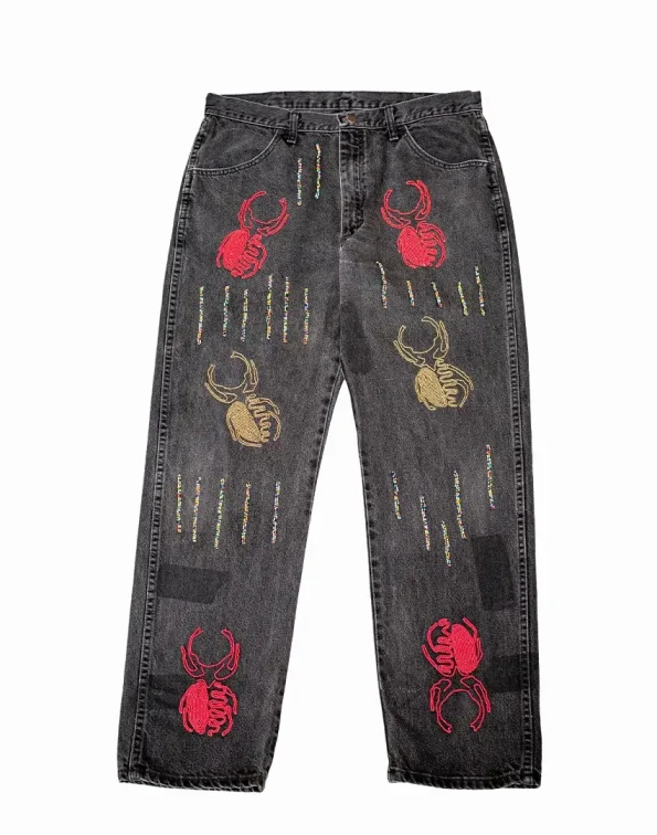Faded Black Denim - Akire Beetle & Vertical Beadwork, Wrangler Denim