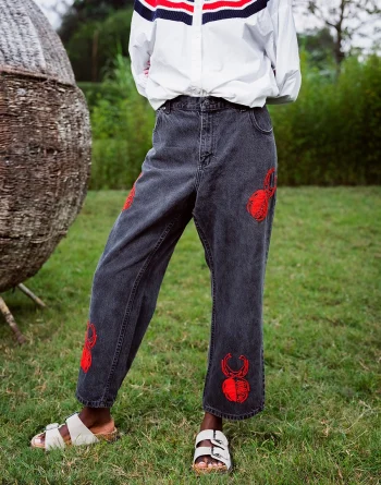 Relaxed Fit, Faded Black Denim With Scarab Beetle Beaded Work